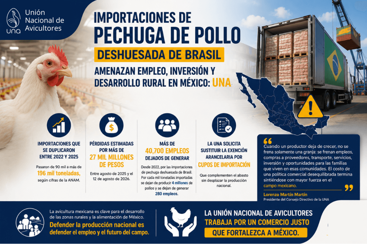 Importaciones de pechuga de pollo deshuesada de Brasil amenazan empleo, inversión y desarrollo rural en México: UNA